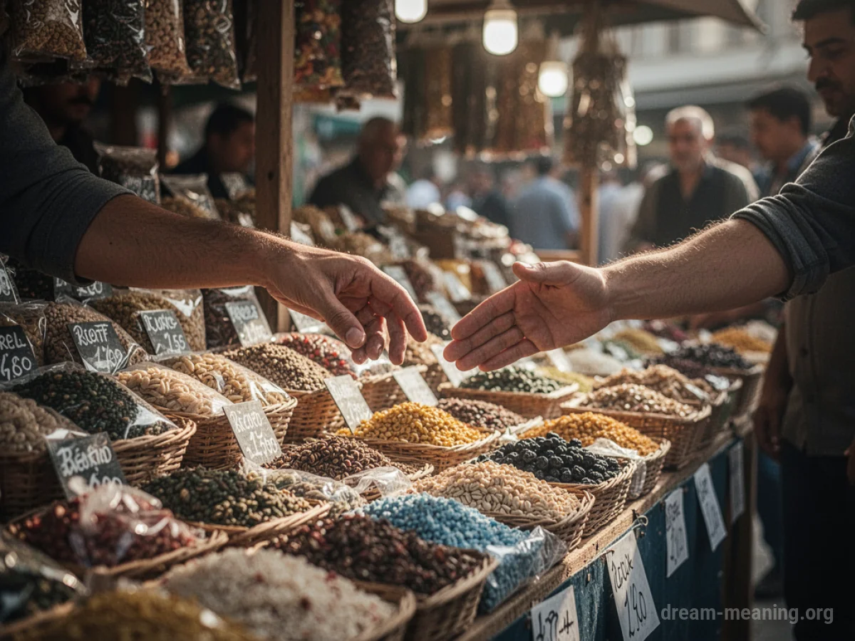 A hand stopping another hand from taking an item at a market stall.