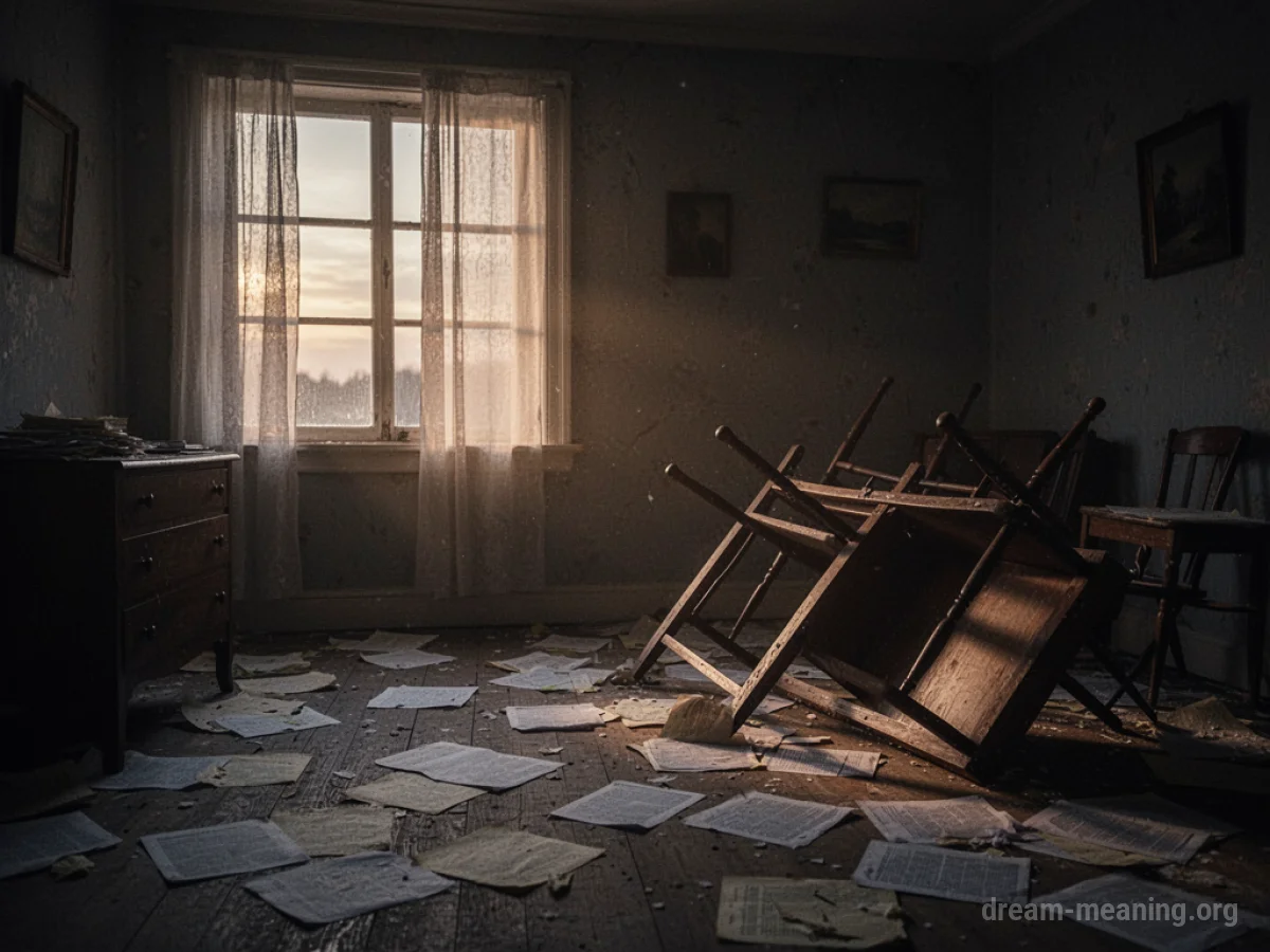 A room in disarray with papers scattered and furniture askew, viewed by early morning light.