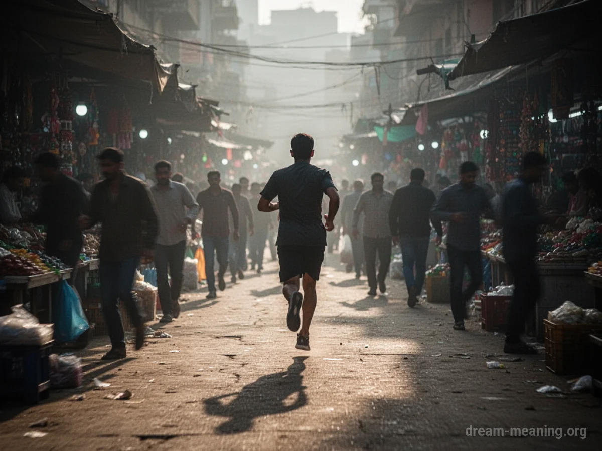 A shadowy figure running through a crowded marketplace.