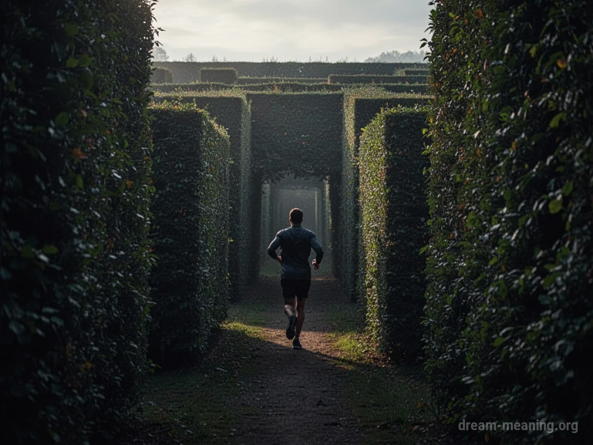 Silhouette running through a dark hedge maze.
