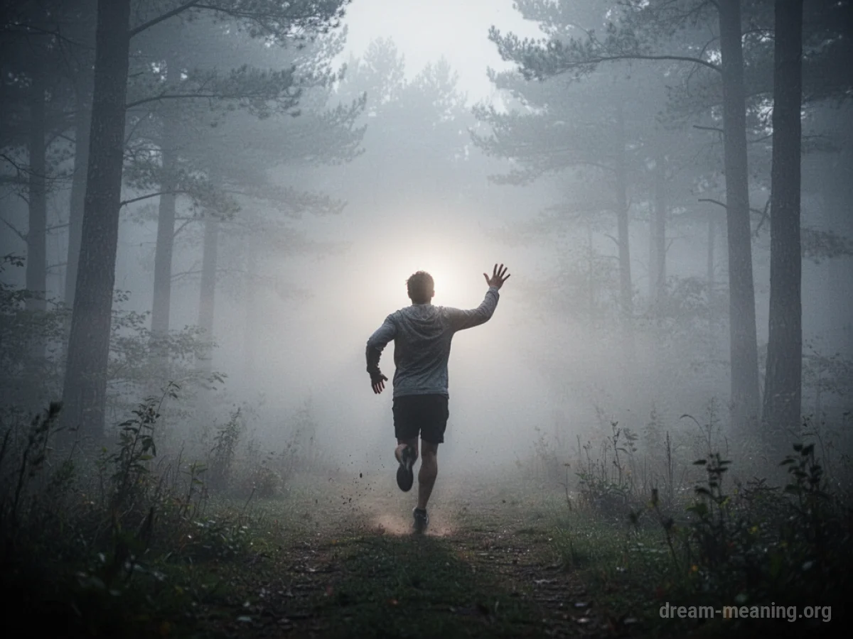 A silhouetted figure running through thick fog towards a distant glow.