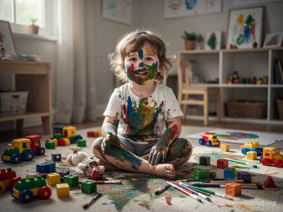 A child sits amidst a colorful, messy room with toys and art supplies scattered around.