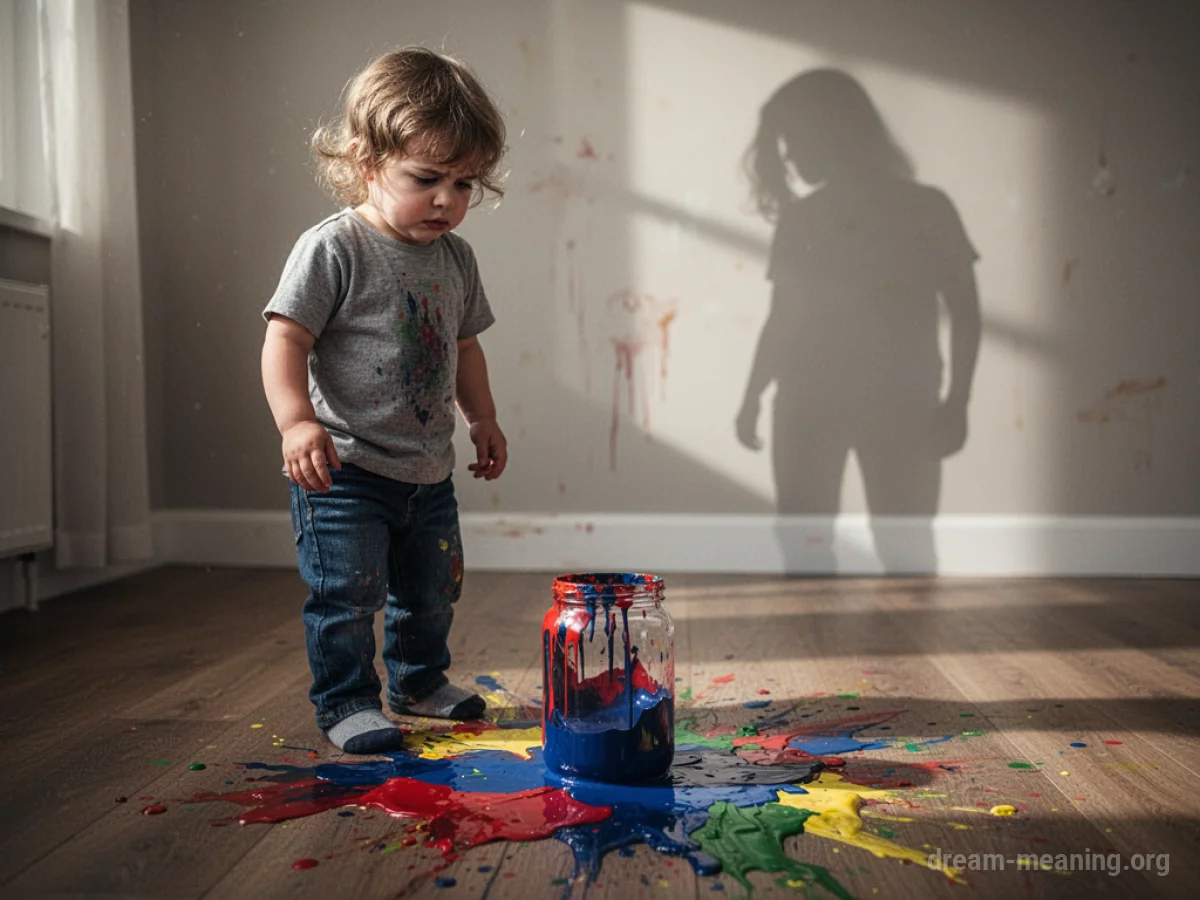 A child looks down at a spilled jar of paint on the floor.