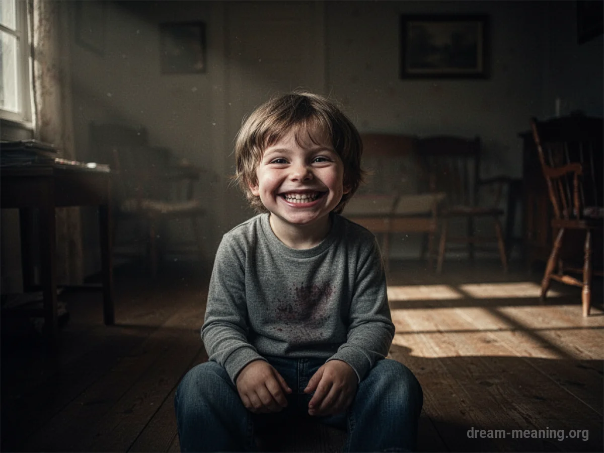 A child with a wide, unsettling smile sitting in a shadowy room.