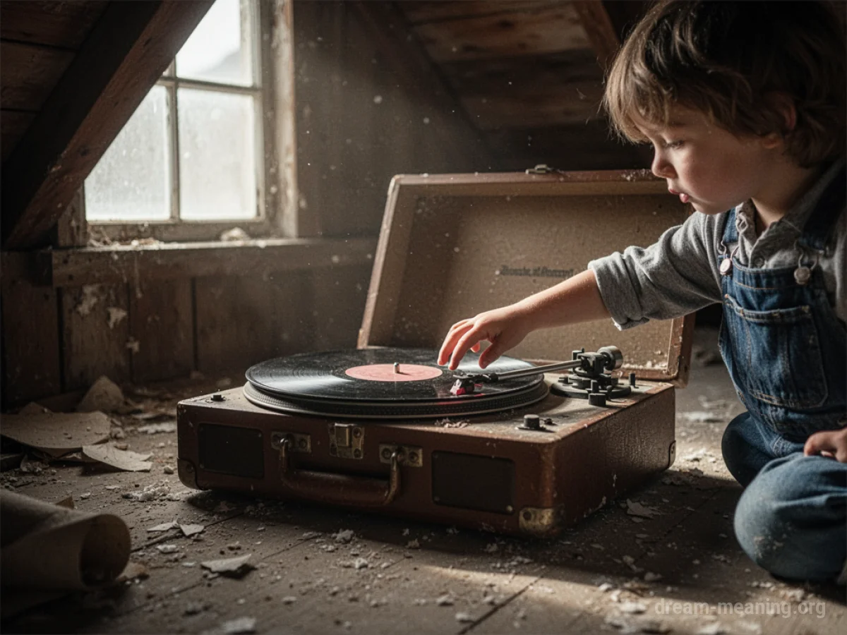 A child's hand reaching towards an old record player in a dimly lit room.