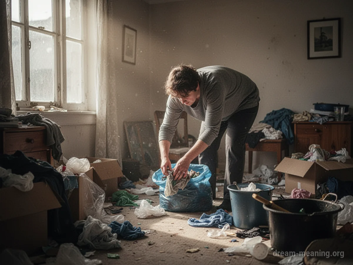 A person is tidying a messy room.