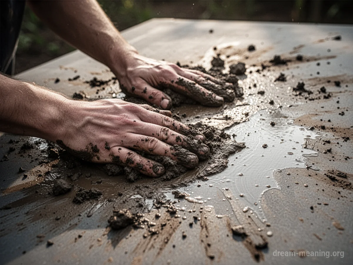 Hands scrubbing mud from a white surface, revealing a clean patch.