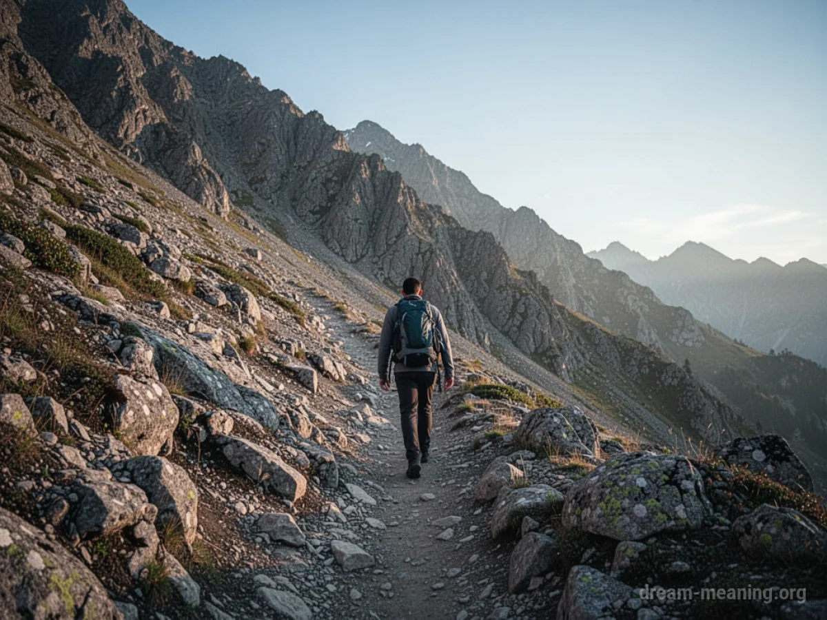 A person climbing a steep mountain trail.
