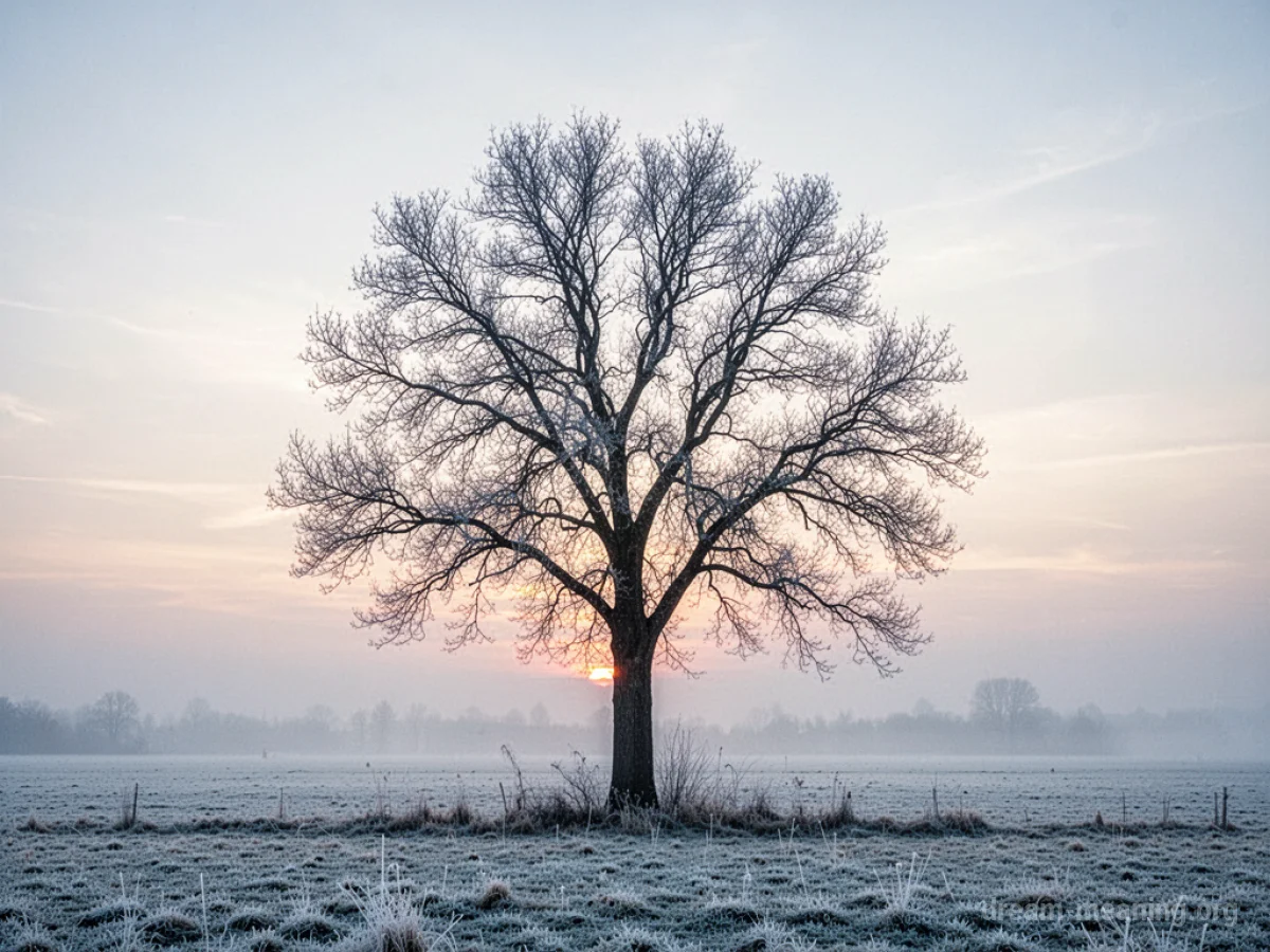 Bare tree branches covered in frost against a pale dawn sky.