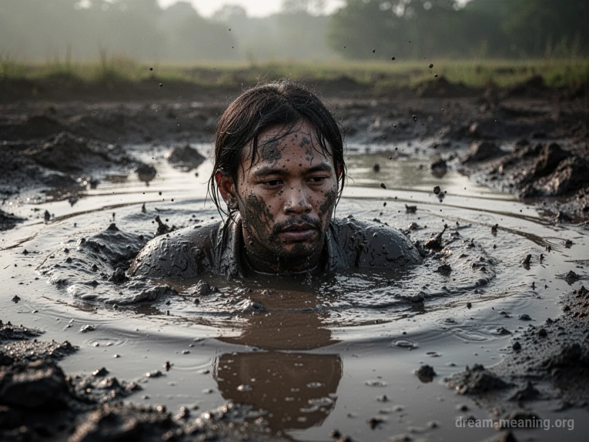 A person's head and shoulders emerging from thick mud.