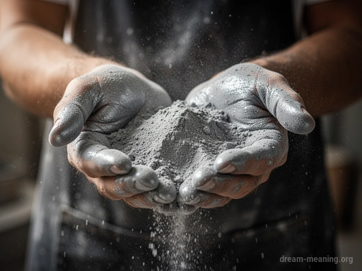 Close-up of a person's hands coated in fine metallic dust.
