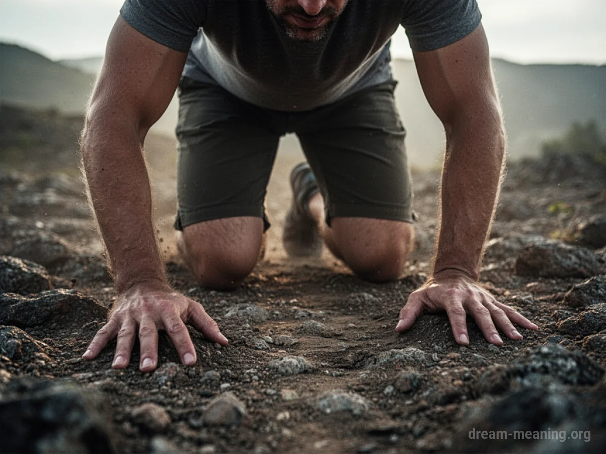 A person crawling on their hands and knees across a dirt path.
