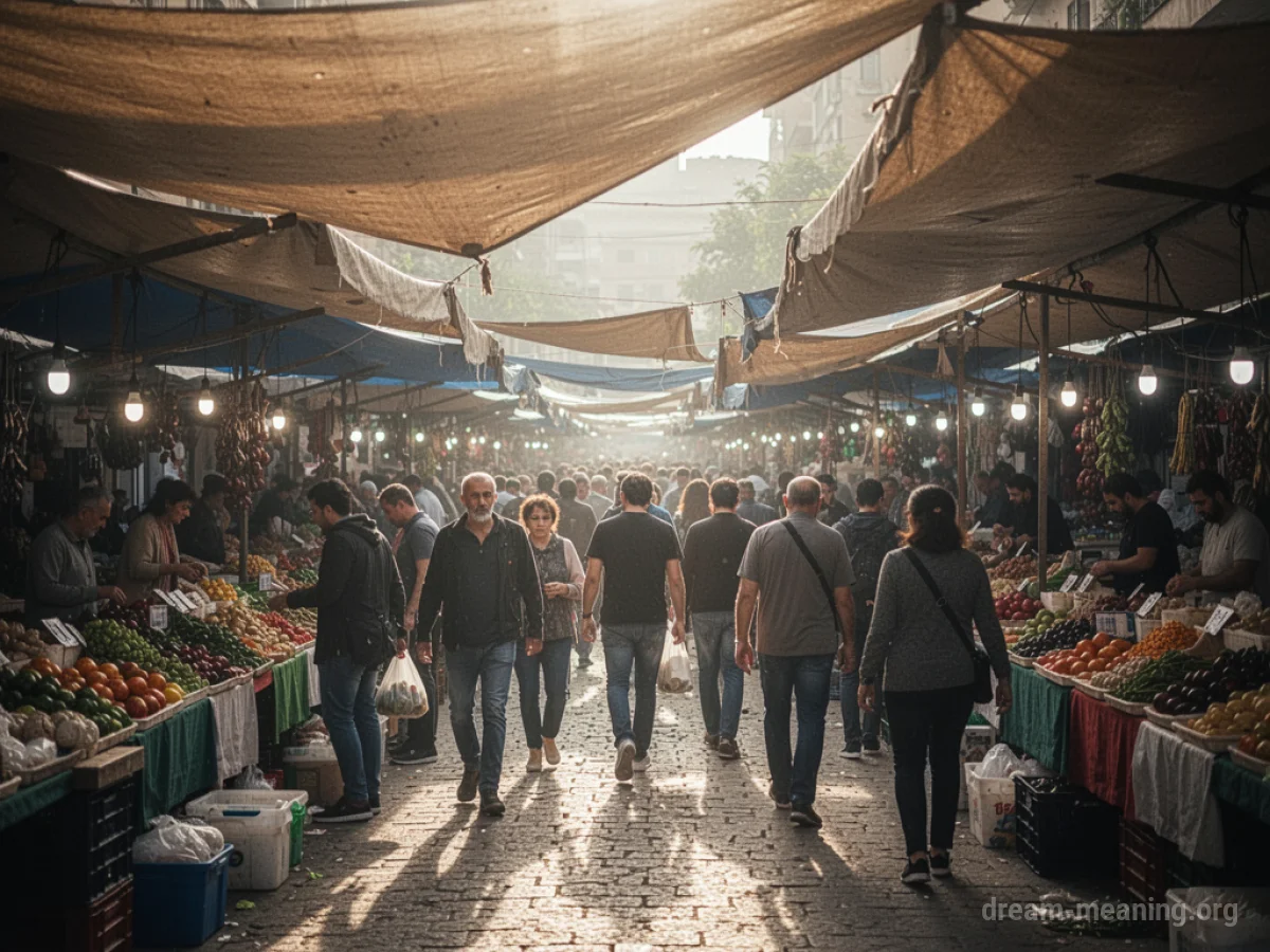 A busy outdoor marketplace filled with many people and vendor stalls.