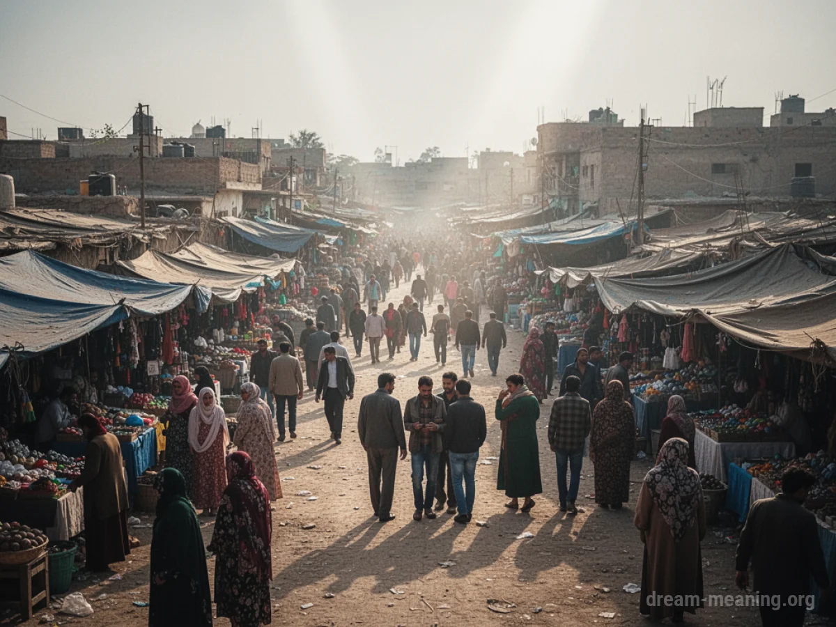 An aerial view of a busy marketplace with many people moving between stalls.