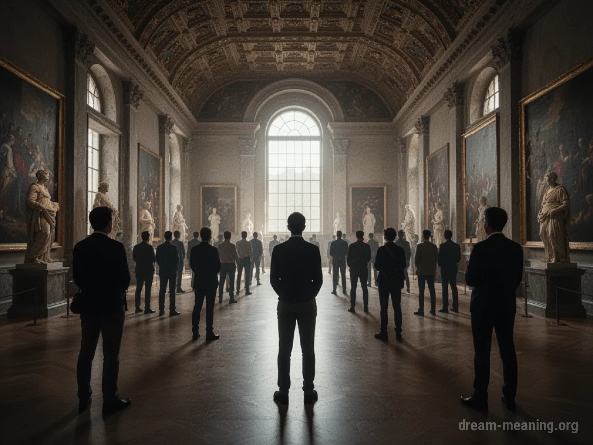 Silhouetted figures filling a museum hall.