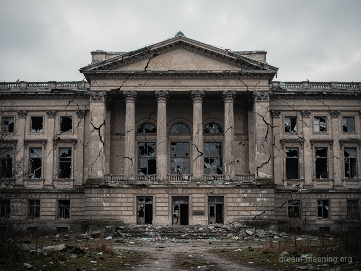 A classical museum building with visible damage and broken windows.