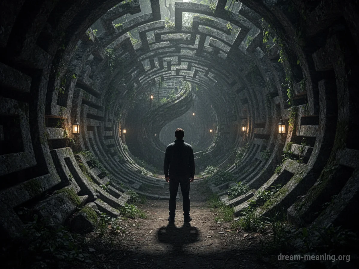 A person silhouetted against the entrance of a dark, overgrown maze.