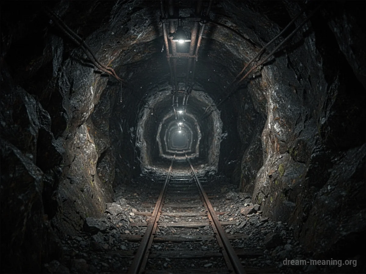 A view looking down a narrow, dark mine shaft.