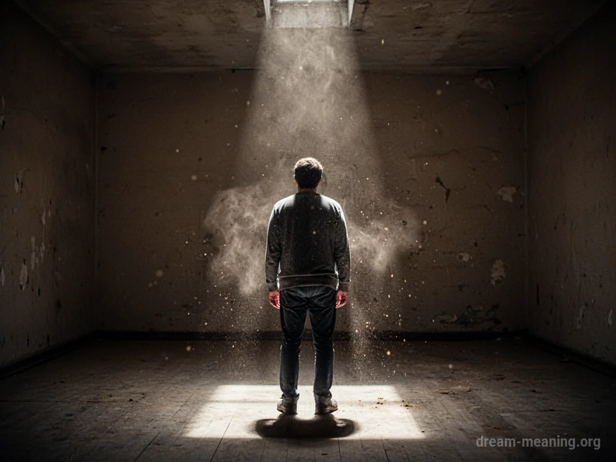 Silhouette of a person standing in a dark, empty room with light filtering from above.
