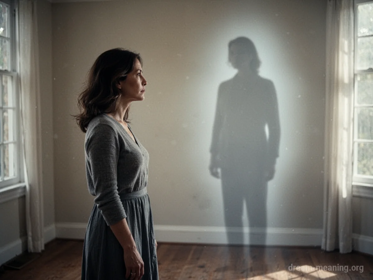 A woman looking towards a faint silhouette of another person in a dimly lit room.