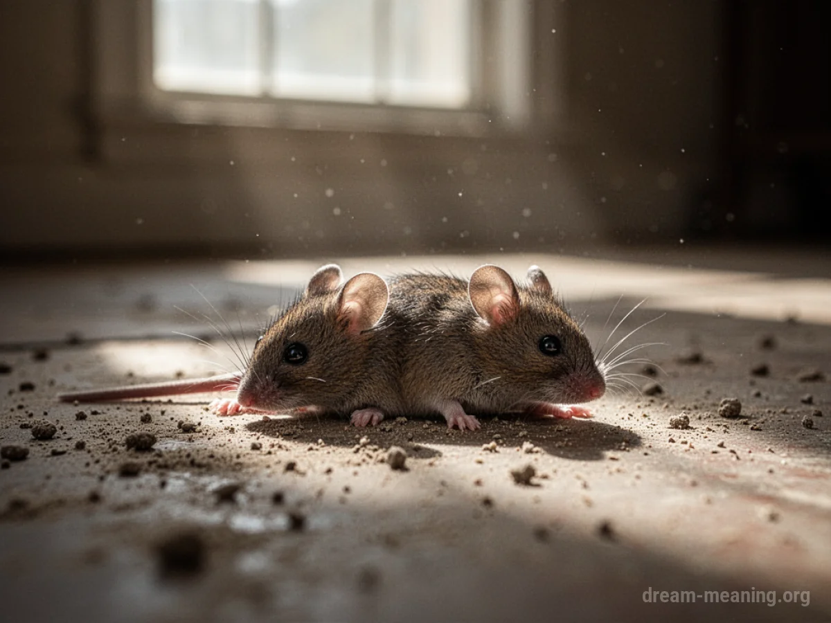 A deceased mouse on a dusty floor.