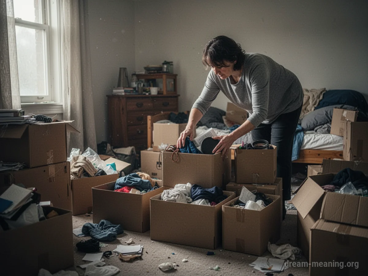 A person organizing scattered items into containers.