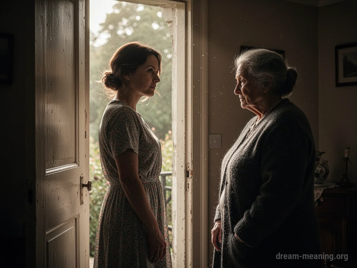 A woman seen from behind looks towards a shadowy figure of an older woman in a doorway.