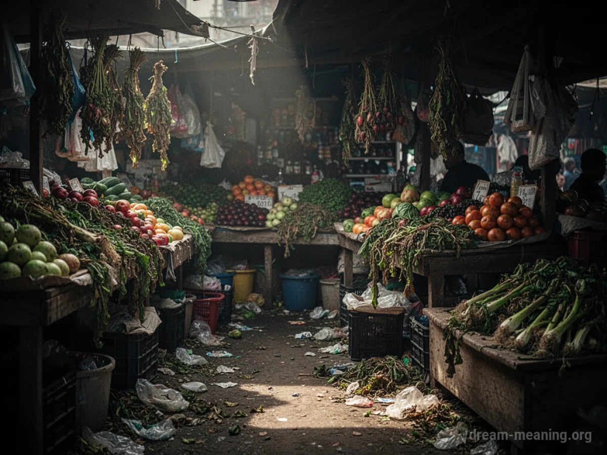 A cluttered and dimly lit market stall with wilted vegetables.