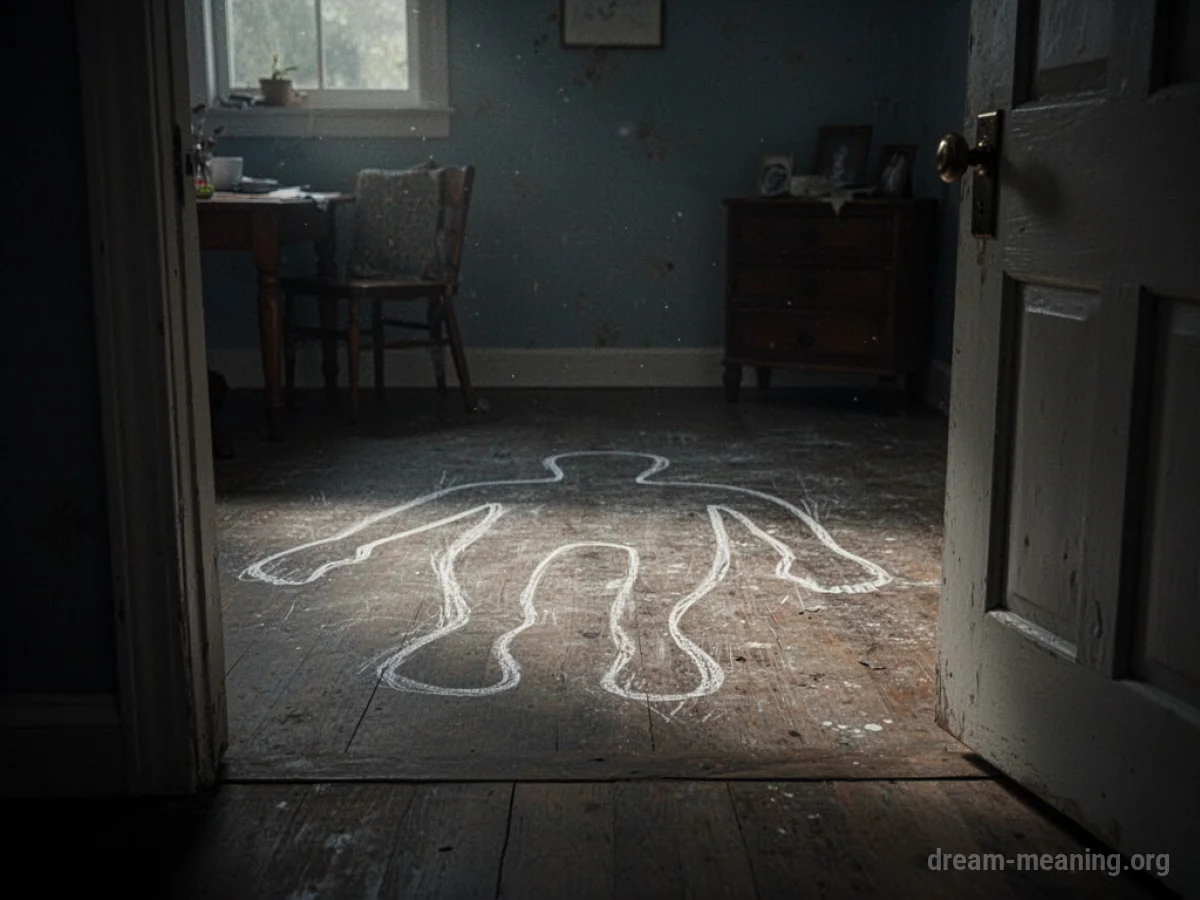 A silhouette of a person standing in a doorway looking into a dark room with a chalk outline on the floor.