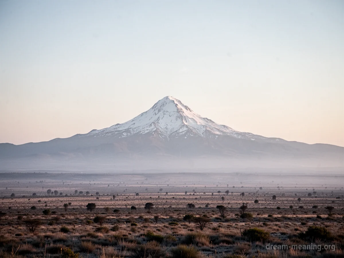A solitary mountain peak seen from a great distance across a hazy landscape.