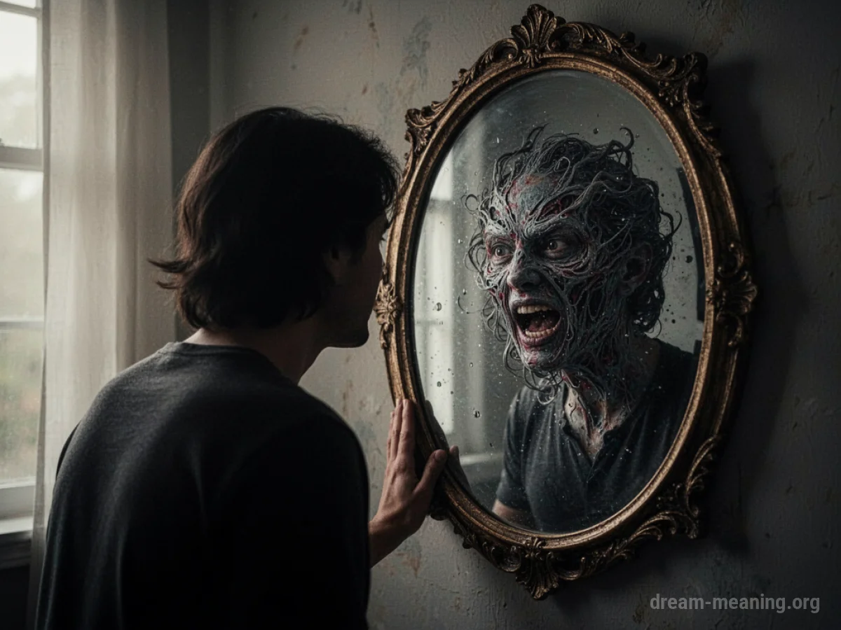 Silhouette of a person looking at their distorted reflection in a mirror.