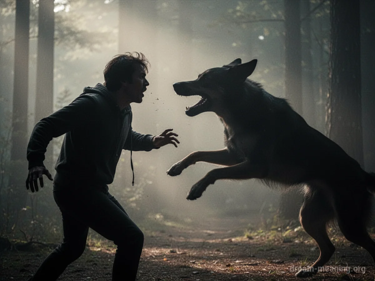 Silhouette of a person facing away from a shadowy dog figure with its mouth open.