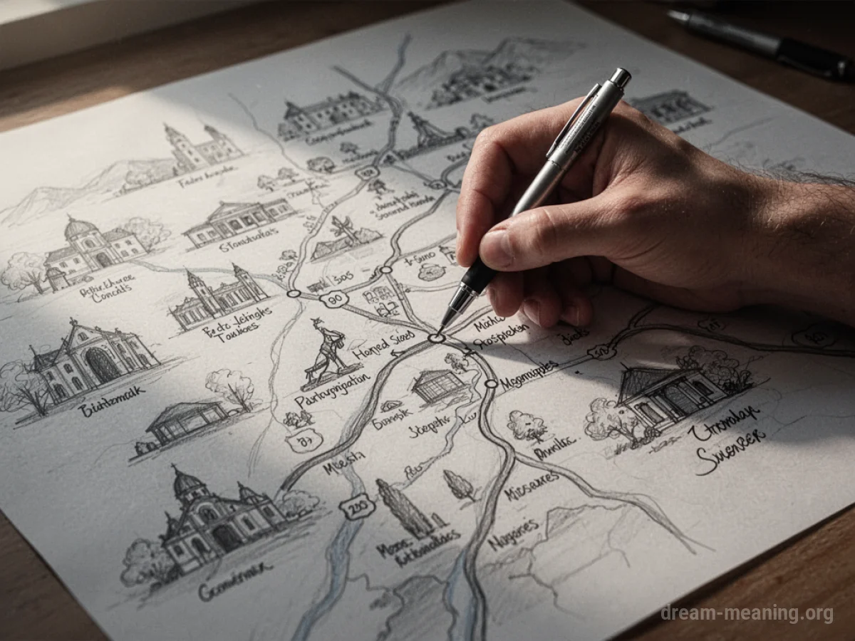 A hand using a quill pen to draw a map on parchment.