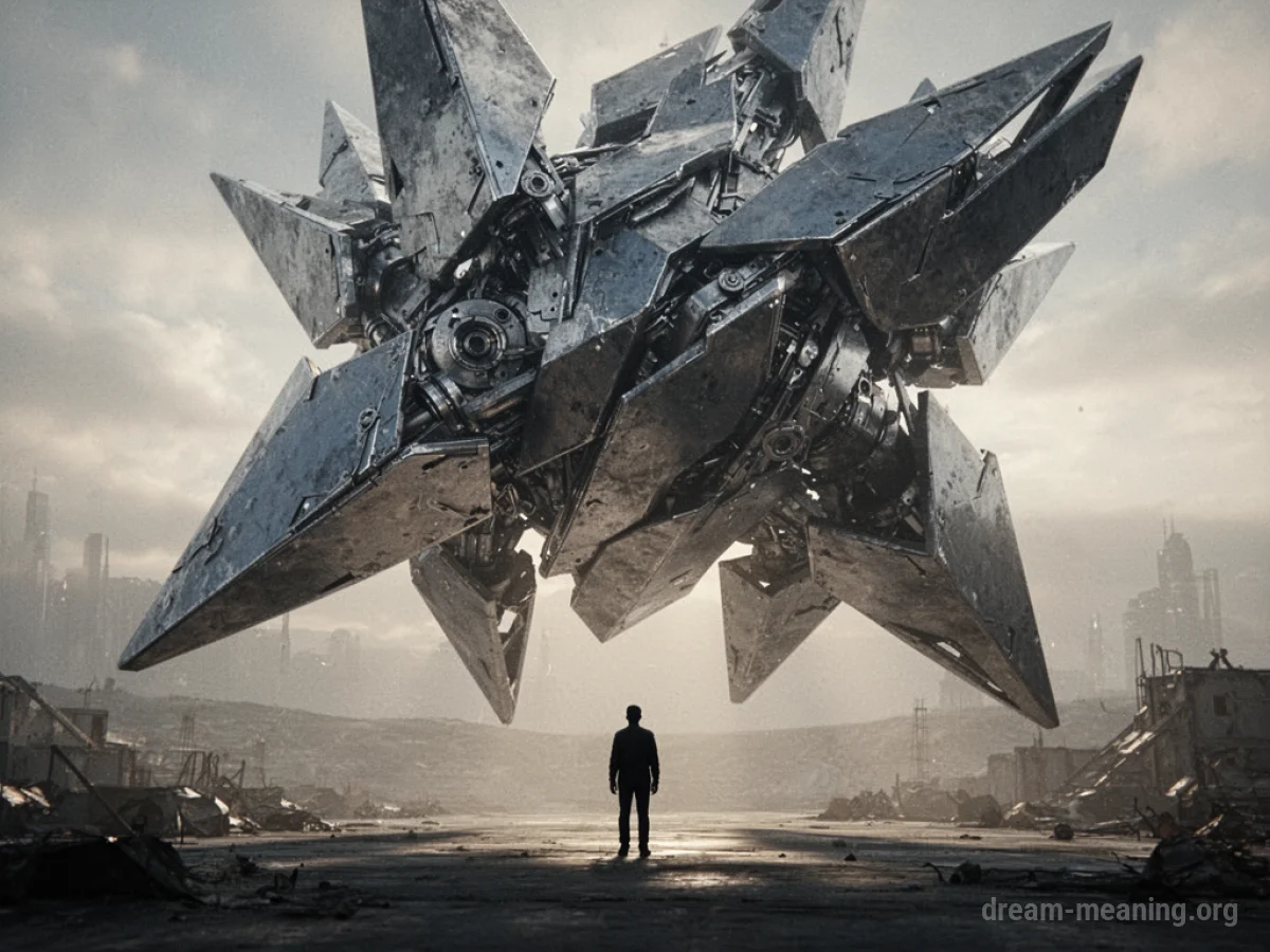 A shadowy silhouette of a person facing a looming, imposing mechanical structure.