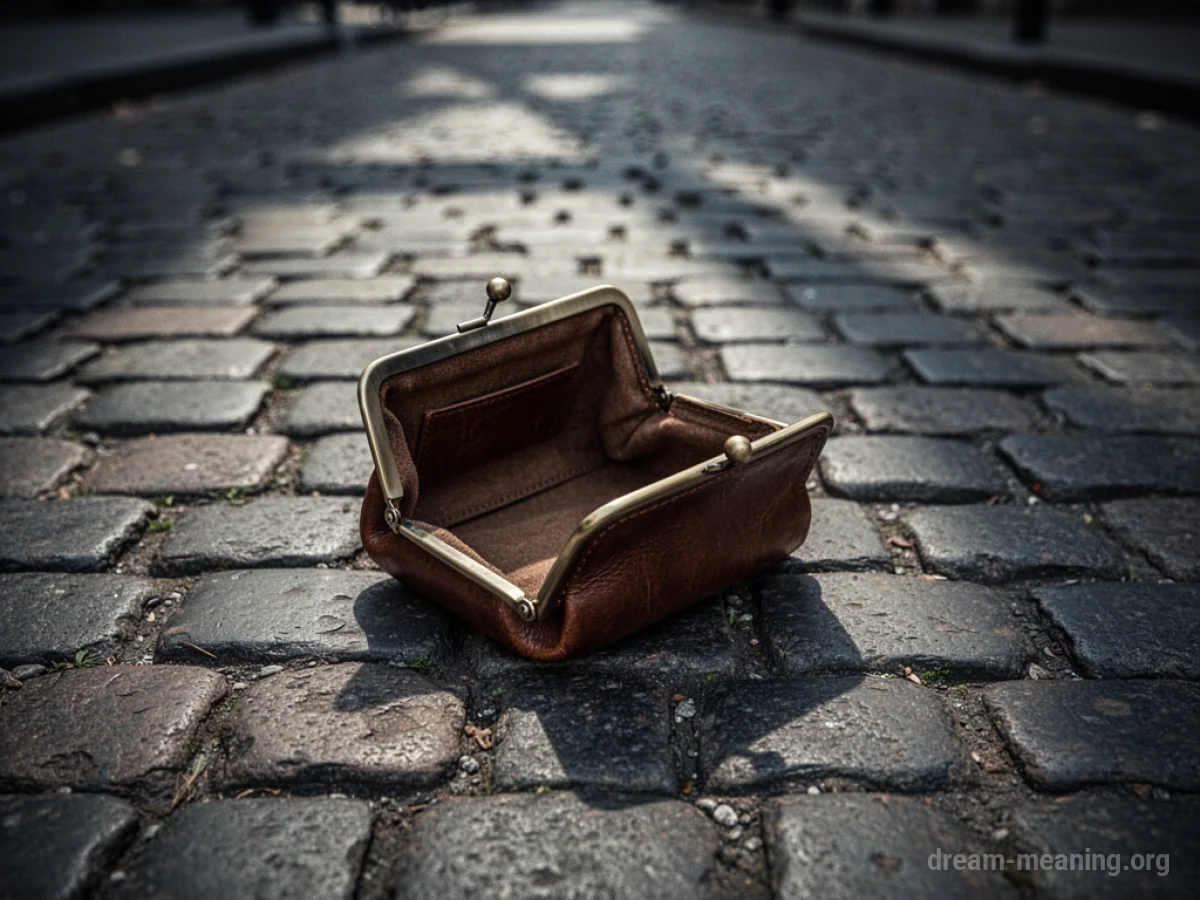 An empty, open purse on a cobblestone street.