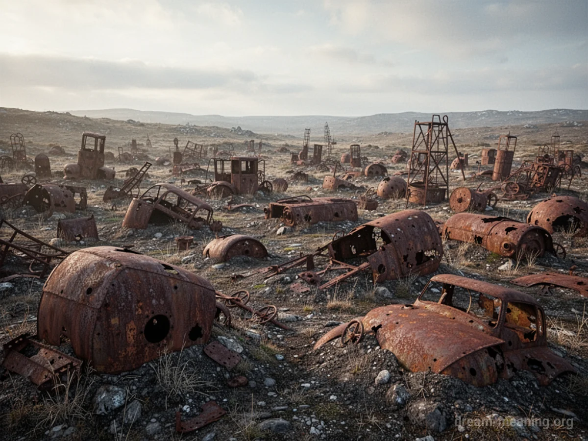 An expansive view of a landscape filled with numerous objects and structures made of rusted metal.