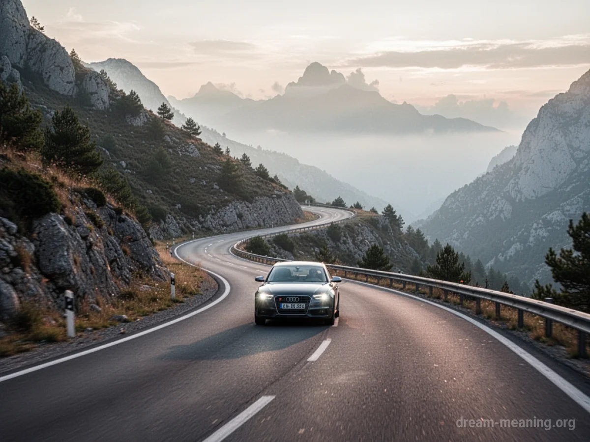 A car moving down a steep, winding road on a mountainside.