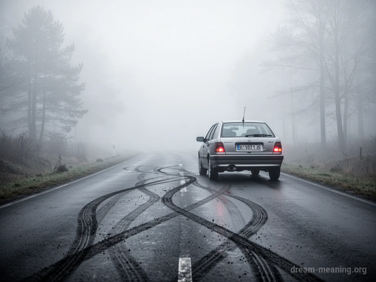 A car stalled on a road with fog obscuring the path ahead.