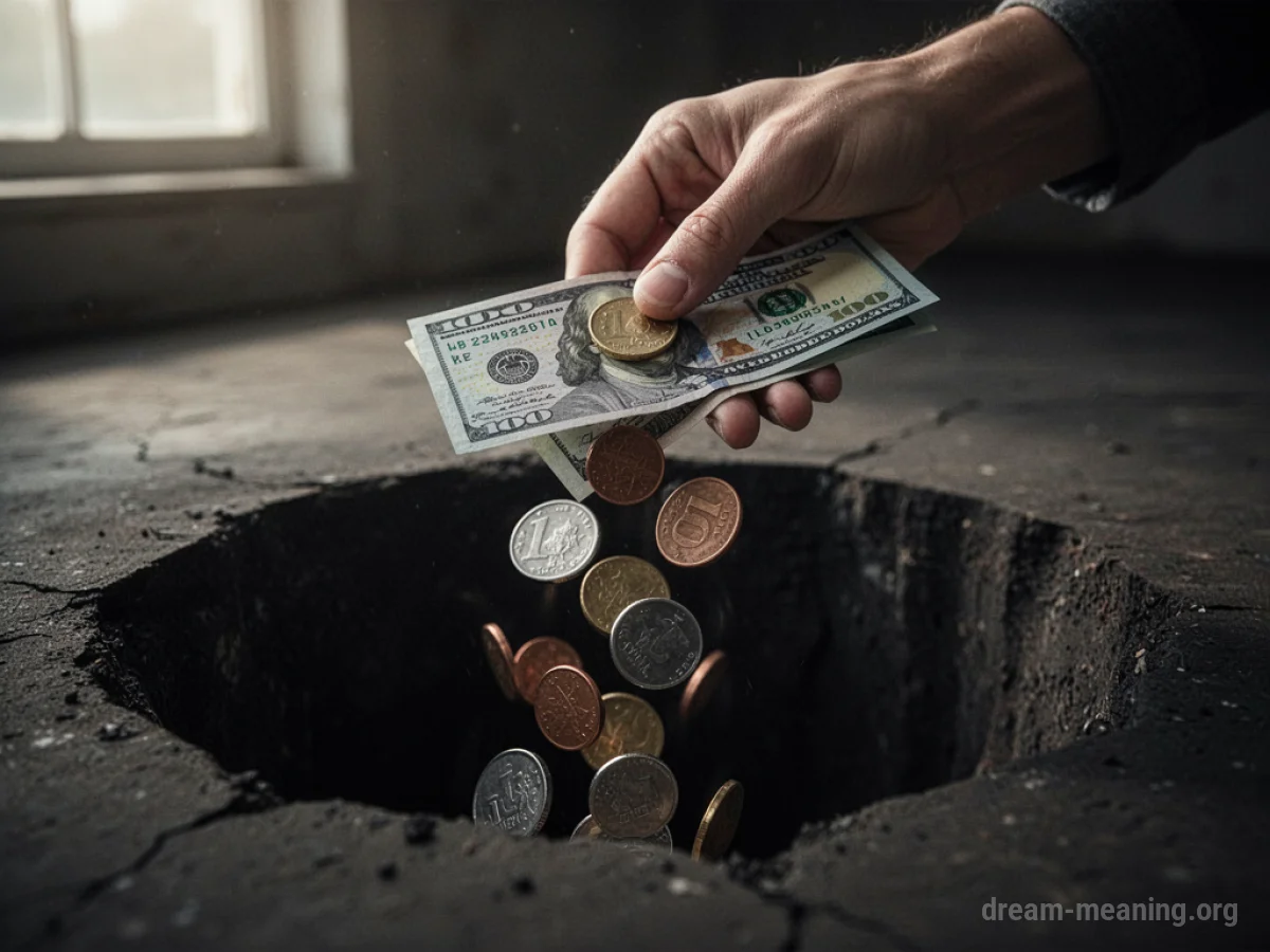 A hand letting go of coins and banknotes that fall into darkness.