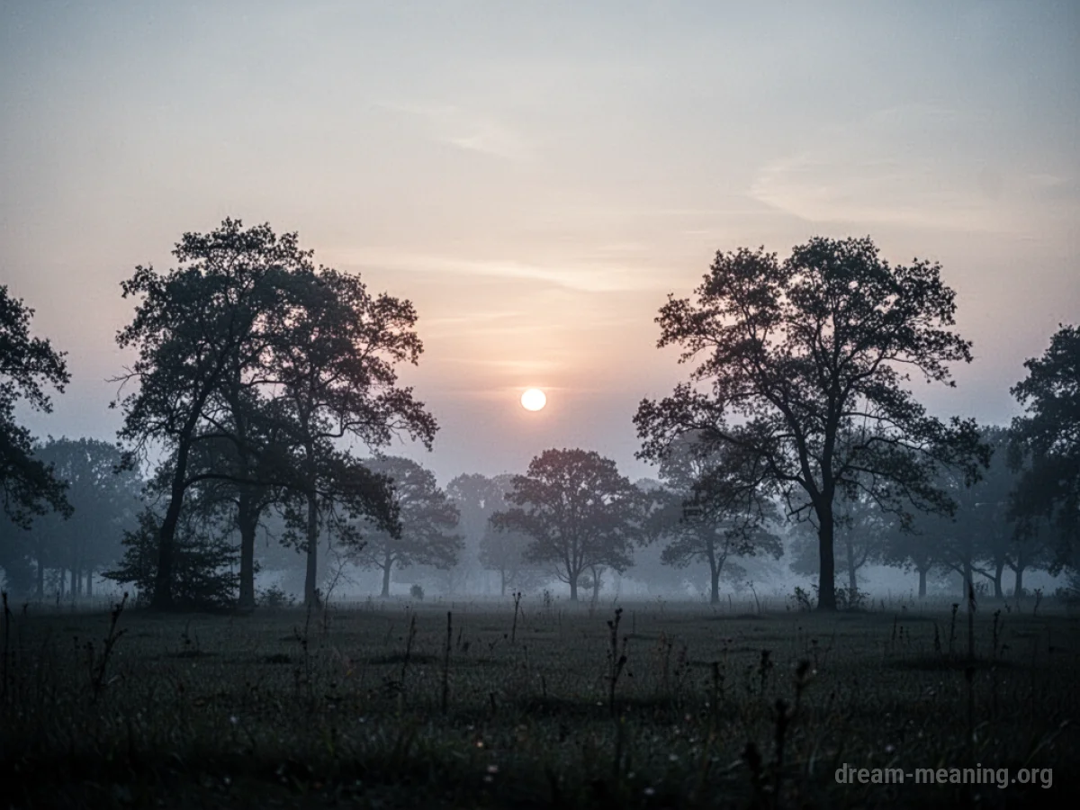 A soft glow appears on the horizon above a line of trees.