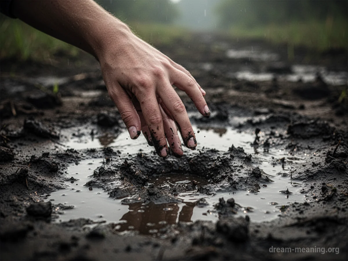 A human hand reaching towards a clump of mud.