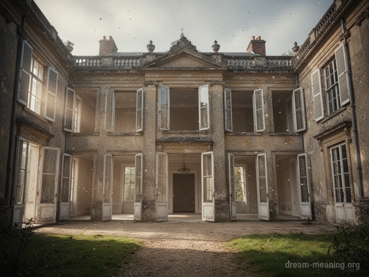 An expansive, empty mansion interior with open doorways and light streaming through windows.