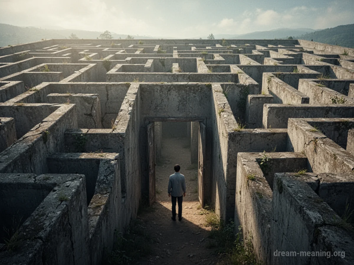 A person at the entrance of a large, stone maze.