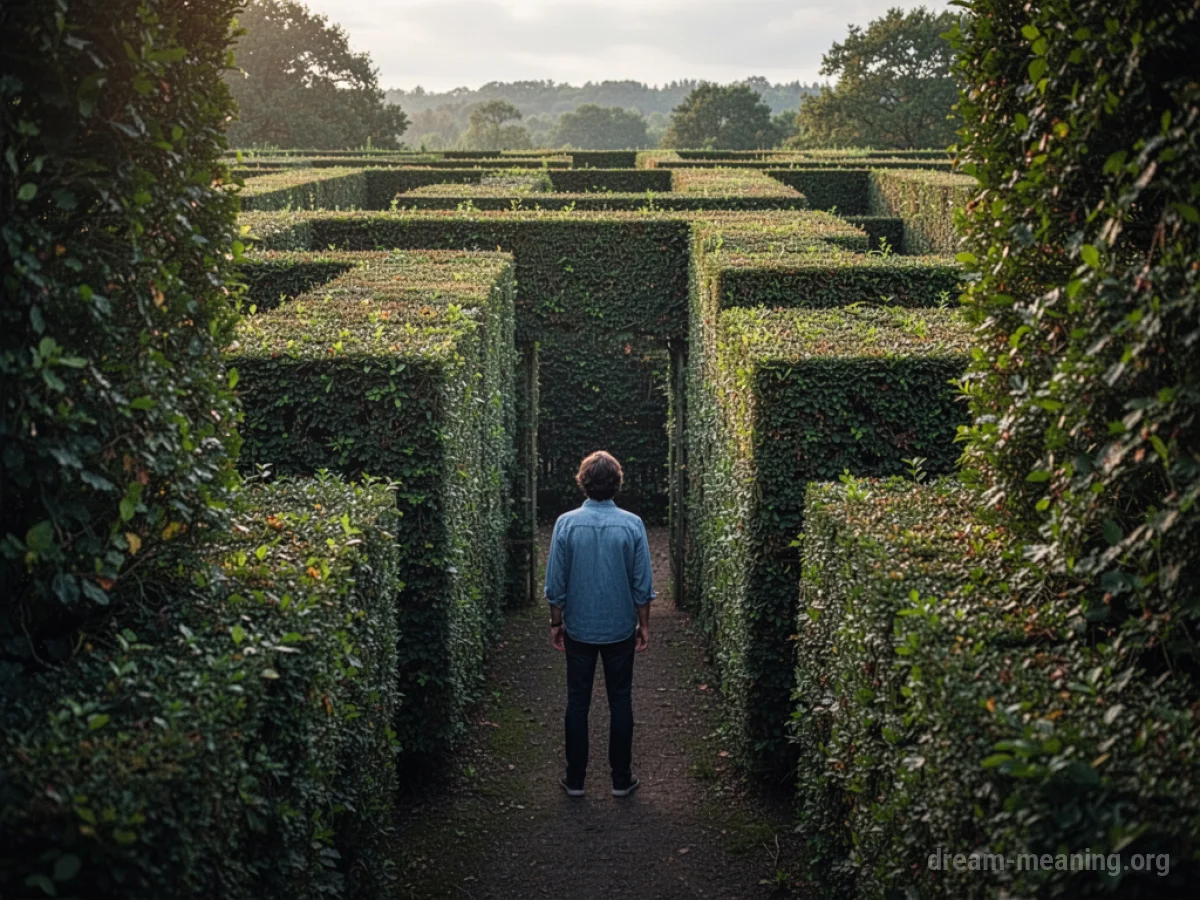 A person at the threshold of a tall green hedge maze.