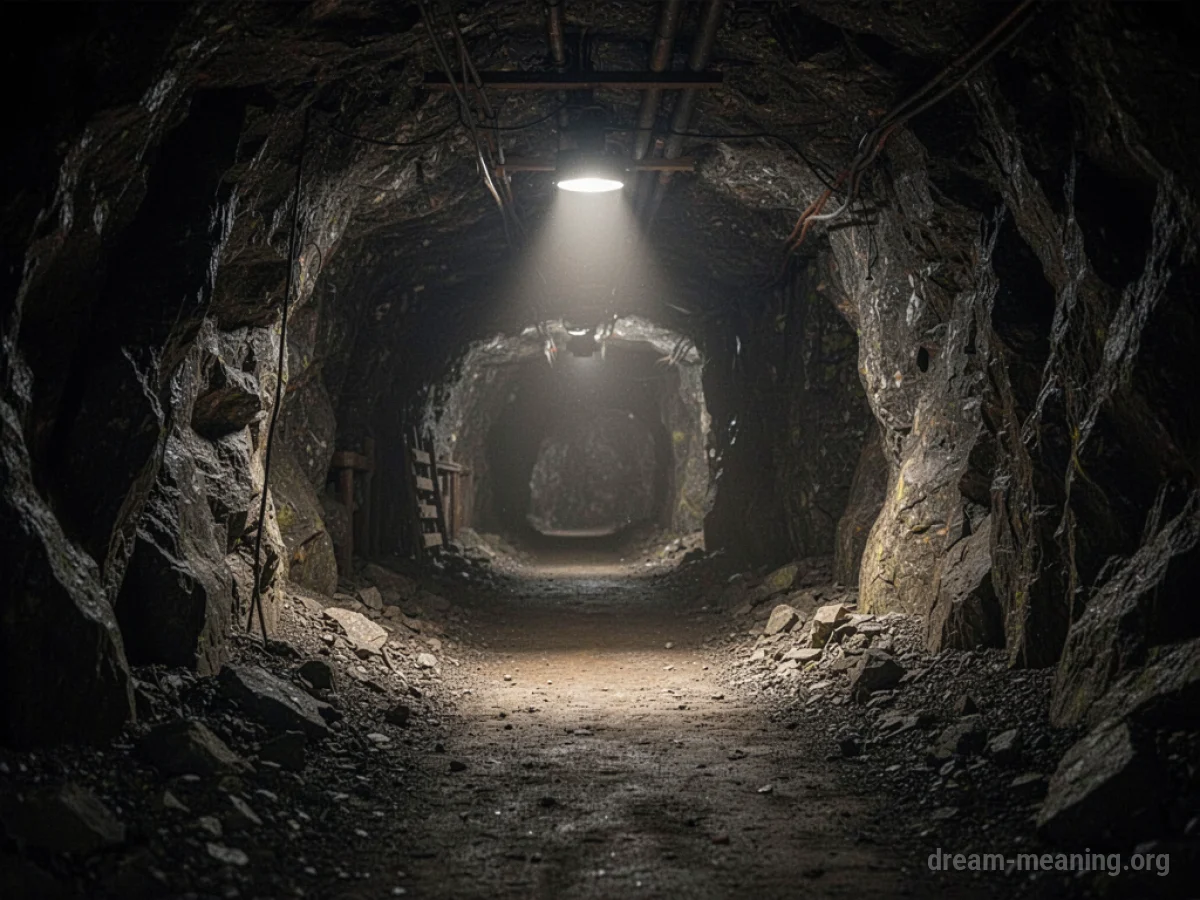 Dimly lit mine entrance with a light beam.