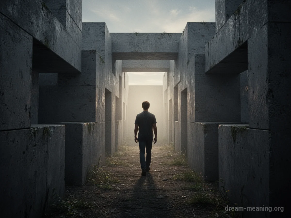 Silhouette of a person walking towards the light at the end of a maze.