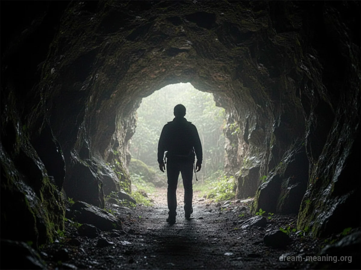 Silhouette of a person walking out of a dark mine shaft towards a distant light.