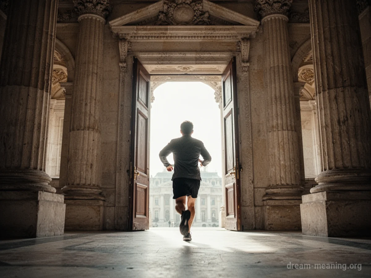 A person running from a large building towards a bright light.
