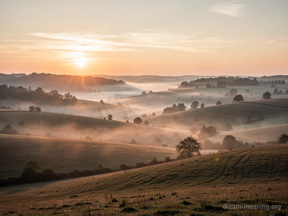 A wide landscape under a soft, continuous sunrise glow.