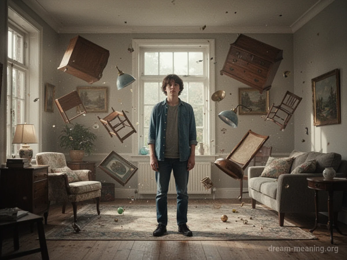 A person standing in a room with objects floating in the air.